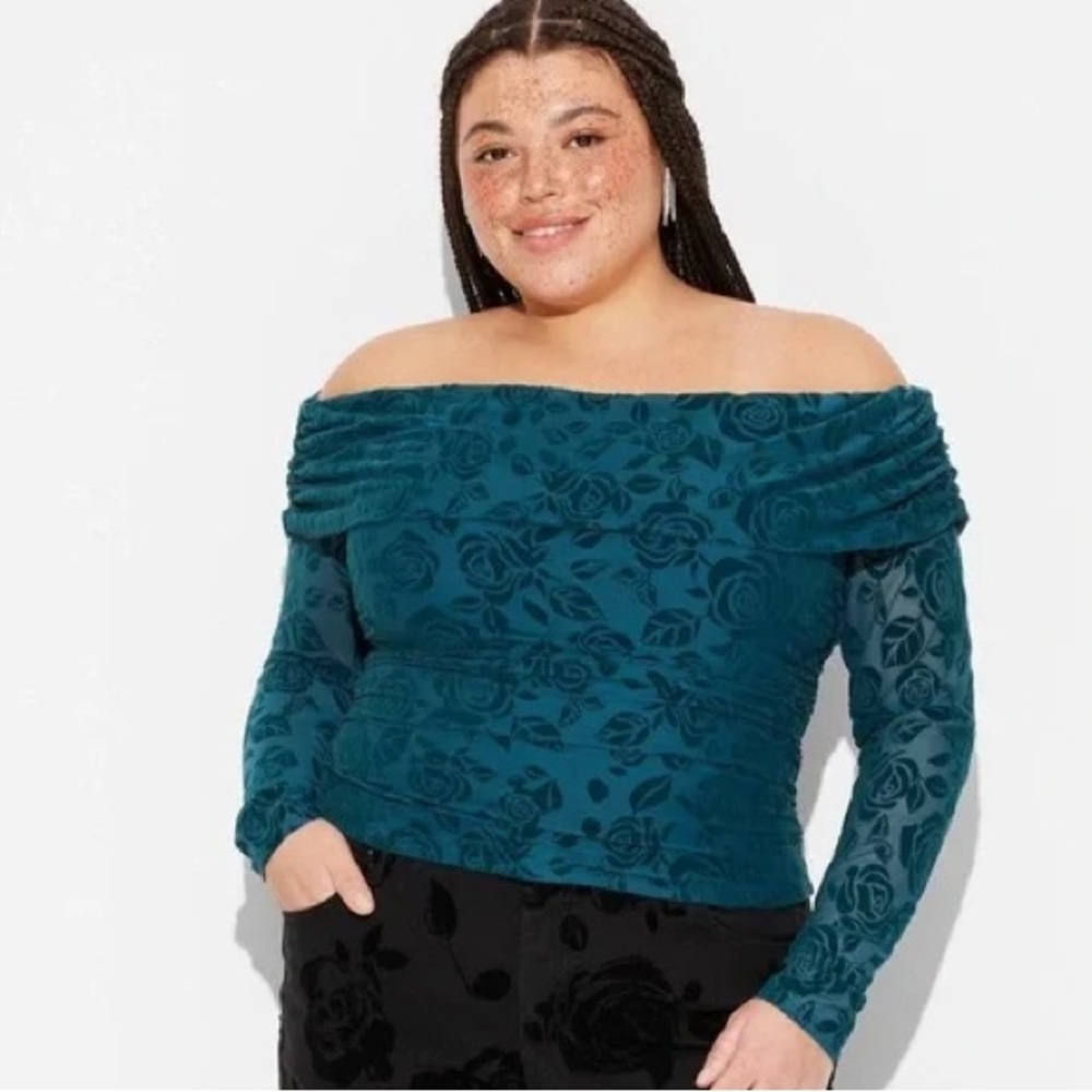 Wild Fable Teal Floral Velvet Off-Shoulder Top, size L NWT